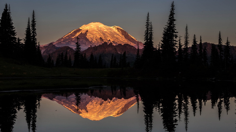 8K, reflection, idyllic, sunset, tree, scenics - nature, mountain range, outdoors, water, mountain peak, non-urban scene, tranquility, nature, 8k ultra high def wide snowy mountain