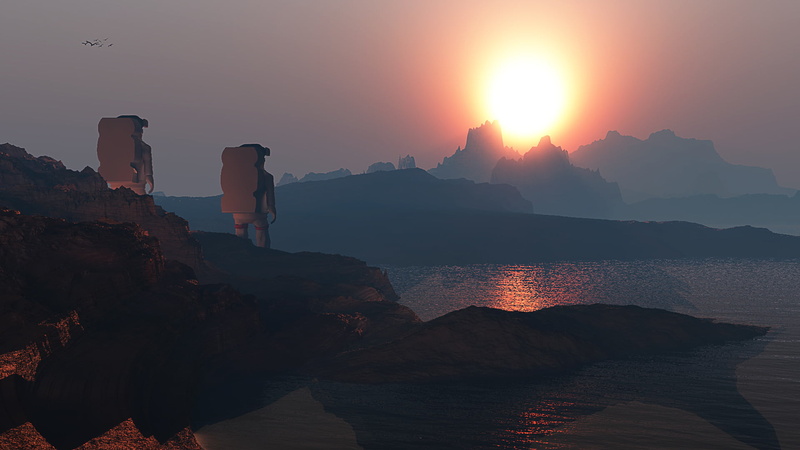 tranquility, 452-b, solid, tranquil scene, rock, sunset, rock - object, mountain, sky, non-urban scene, sun, one person, exoplanet, kepler, outdoors, beauty in nature