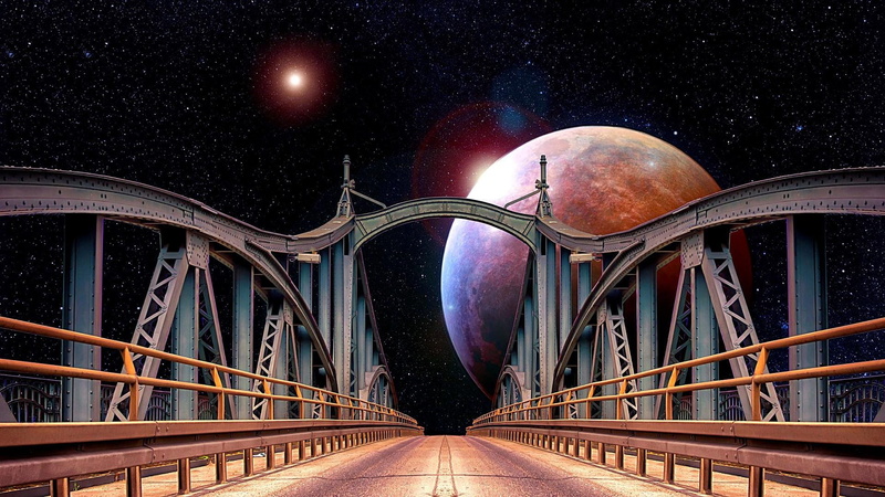 sky, planet, 1080P, space, astronomical object, stars, globe, night, darkness, bridge, fantasy art, artwork
