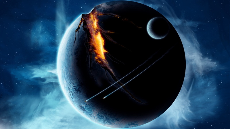 black color, sky, night, digital composite, outdoors, 1080P, phenomenon, water, split, space art, planet earth, planet - space, planet, motion, sea, fantasy art