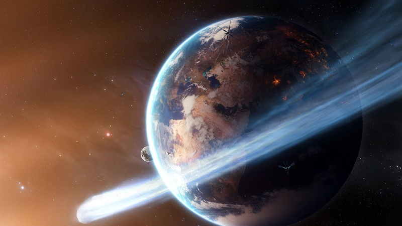 sphere, satellite view, sky, universe, space art, planet earth, astronomical object, cloud - sky, blue, phenomenon, asteroid, orbiting, earth, futuristic