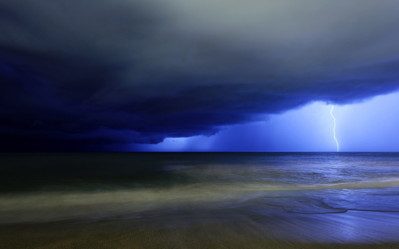 hd, nature, ocean, 2K, storm, lightning, clouds, beach