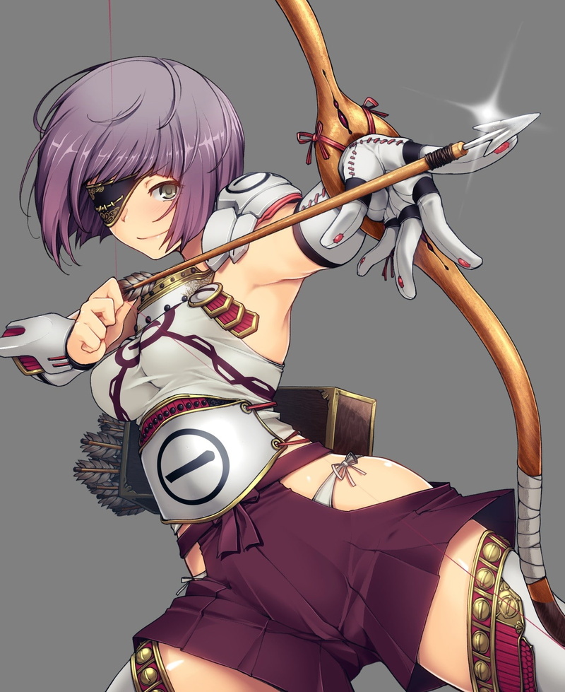 anime girls, holding, anime, women, bow, studio shot, adult, short hair, females, Seiken Rensei Monhame saga, one person, portrait, indoors, weapon, representation