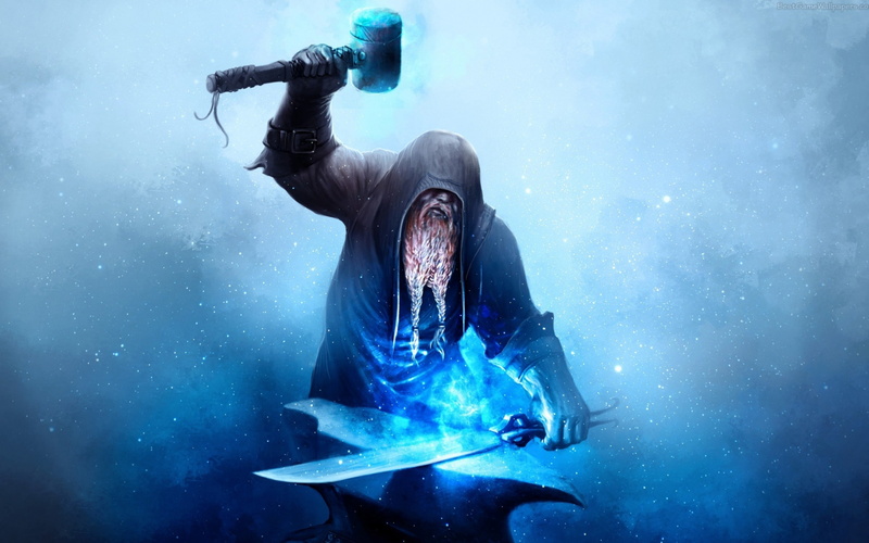 sword, art backgrounds, hammer, blacksmith anvil, 4K, fire