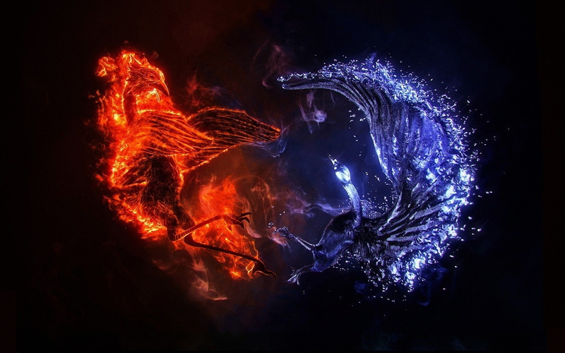 art, ice, 1080P, x, phoenix, Blue, fantasy, fire, hd, red
