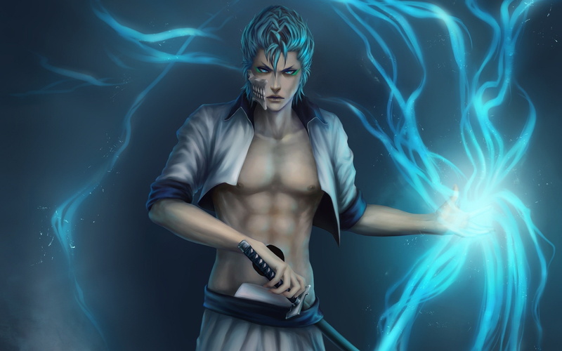 hair, anime, art, weapons, 2K, espada, jaegerjaquez, hd, swords, bleach, blue, artwork, boys, grimmjow, bolt, lightning