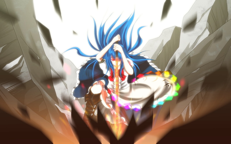 red eyes, 1080P, blue, maid costumes, Hinanawi Tenshi, Touhou, hair, hinanawi, Blue hair, nekominase, swords, maid, red, weapons, costumes, art, hd, eyes