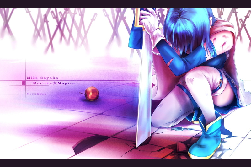 hd, art, clothing, madoka, torn, anime, miki, Blue hair, 1080P, shoujo, technology, weapons, sayaka, mahou, magica, apple, blue, girls, apples, hair, swords