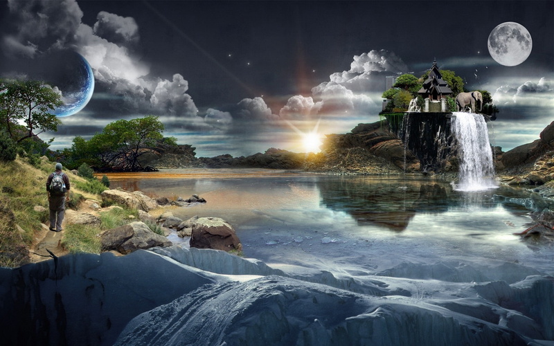 elephant, ice, digital art, water, fantasy art, Sun, clouds, planet, waterfall, Moon, artwork, 1080P, men