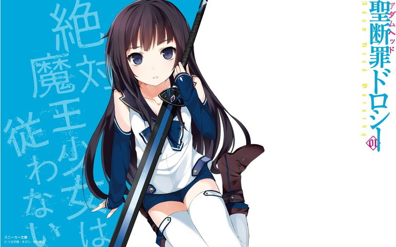 people, weapons, art, blue, hair, 720P, brunettes, hd, girls, anime, long, Blue Eyes, highs, eyes, swords, detached, sleeves, thigh