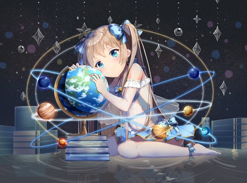 blue eyes, original characters, anime, 1080P, Mars, Venera, Earth, Jupiter, smiling, books, anime girls, Sun, Neptune, Mercury, long hair