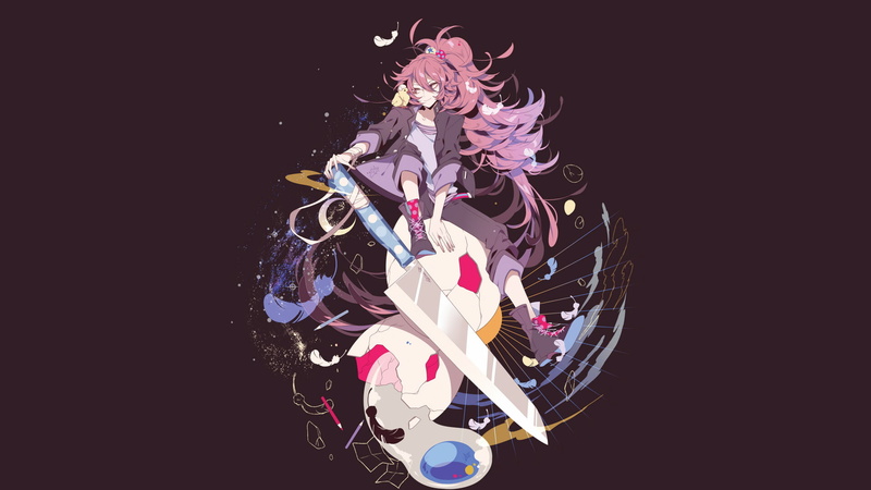 anime, knife, sneakers, Shikimi, chickens, feathers, 1080P, purple hair, anime girls, eggs