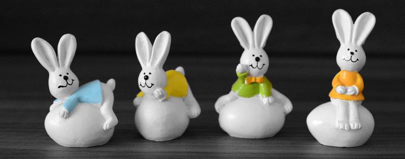 egg, group of objects, food, eggcup, indoors, animal representation, decoration, studio shot, black background, 4K, easter, easter greetings, rabbit - Animal