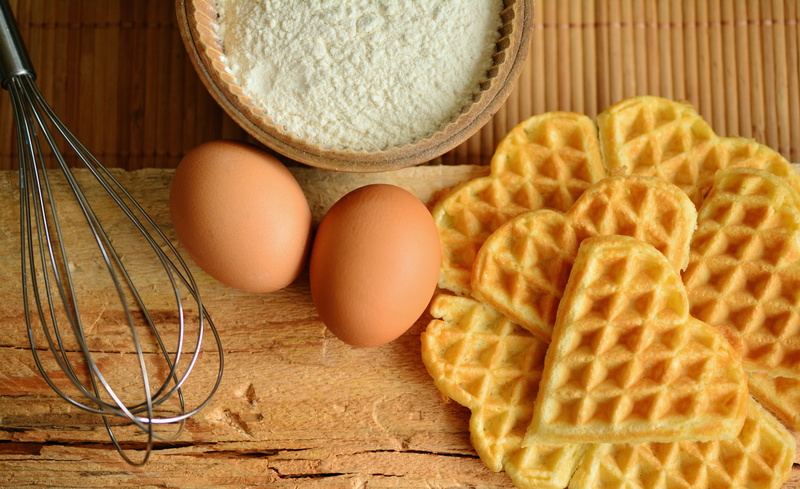 egg, waffle heart, eggshell, scrambled eggs, table, bake, flour, temptation, waffle, board, brown, even baked, chopping, food and drink, indoors, freshness