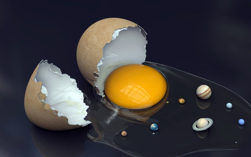 planet, fruit, anime, nature, egg, egg yolk, solar system, black background, high angle view, shell, food, 720P, freshness, slice, healthy eating, table