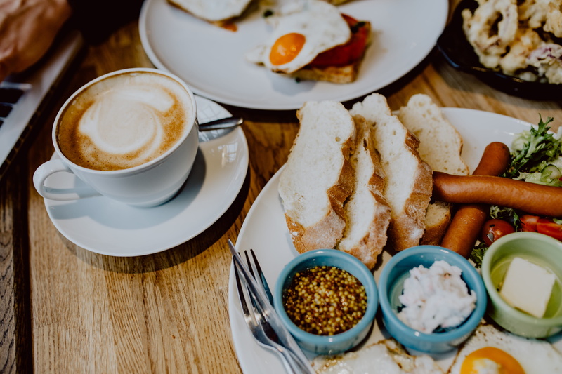 healthy eating, drink, indoors, meal, mustard, saucer, morning, no people, food and drink, refreshment, sausage, breakfast, eating utensil, fried egg, 5K