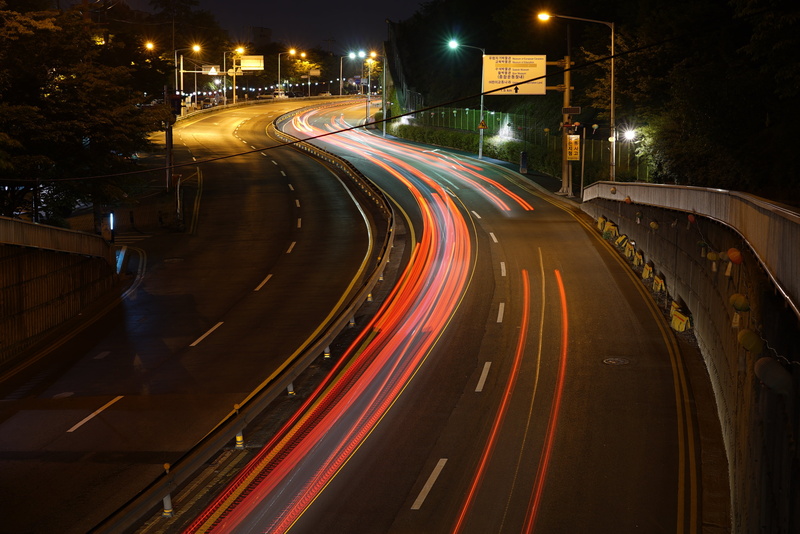 blurred motion, light, architecture, building exterior, light trail, long exposure, street, traffic, multiple lane highway, city street, car, republic of korea