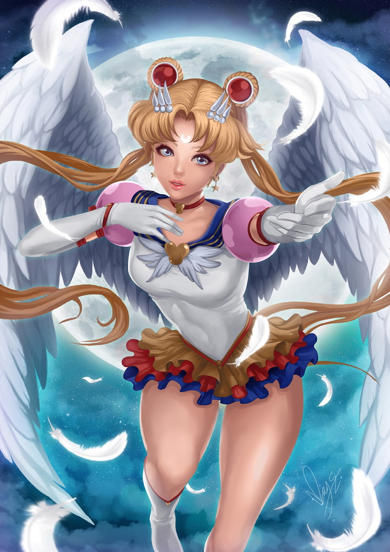 moon, bishoujo, angel, girl, senshi, beautiful, wings, anime, 1080P, character, sailor
