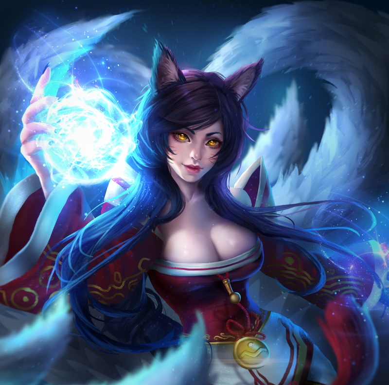 fox, real people, human representation, female likeness, indoors, creativity, 1080P, luminos, red, blue, Ahri, fantasy, celebration, looking at camera