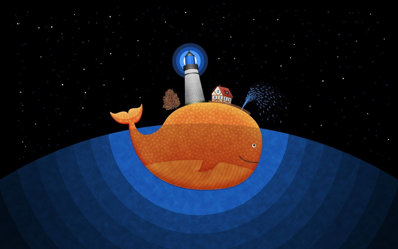 Vladstudio, Whale, night, artwork, 1080P, sea, Lighthouse