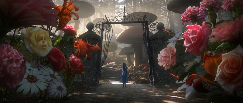 Movie, 4K, Child, Alice (Alice in Wonderland), Alice in Wonderland (2010), Flower, Girl, Garden, Mushroom, Rose, Fantasy