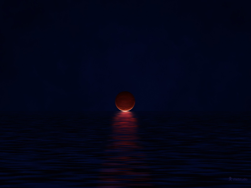 art, minimalism, moon, sea, vladstudio, 1080P, no people, nature, red, winter, eclipse, 1920x1440 px, astronomy, full moon, night, hd, sphere, pixel art