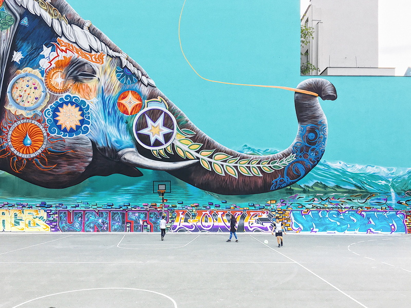 illustration, multi colored, berlin, lifestyles, wall, three, trunk, street, art and craft, persons, animal, blue, graffiti, paint, elephant, road, real people