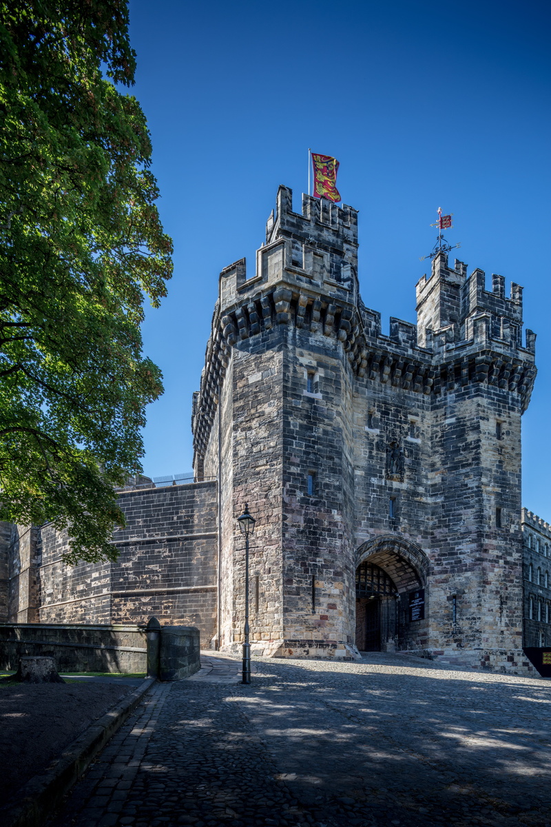 prison, tree, sunlight, place, historic, built structure, towers, architecture, day, historical, blue, lancaster, castle, lancashire, tourism, 8K, outside
