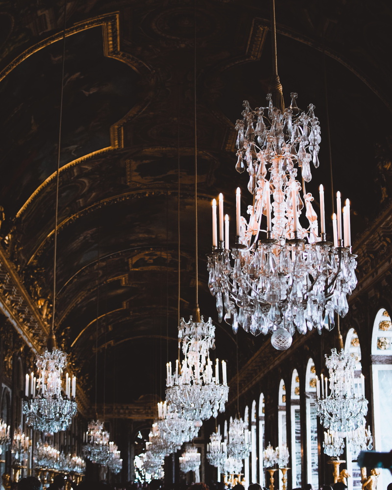 luxury, low angle view, pendant light, crystal, famous, european, france, castle, statue, built structure, interior, historical, europe, paris, ceiling