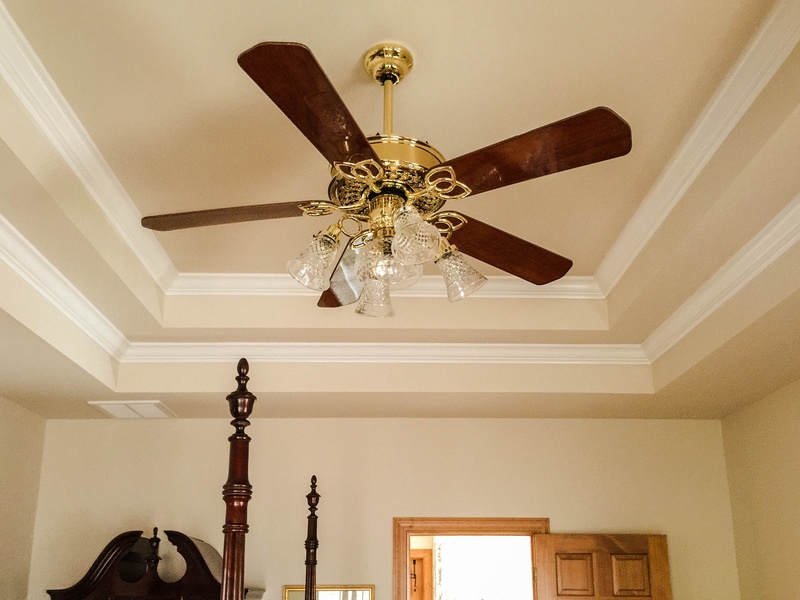directly below, home, electric lamp, lighting equipment, wealth, hanging, building, ceiling fan, chandelier, walnut blades, illuminated, no people, light