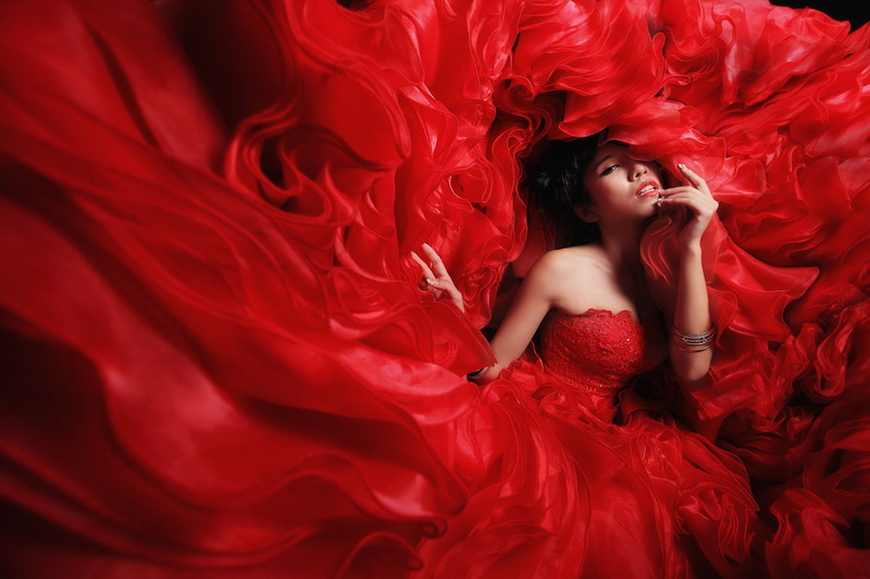 red dress, young women, 2K, studio shot, hairstyle, red, fashion model, adult, hair, bangles, Asian, beautiful woman, model, gowns, portrait, dress, women