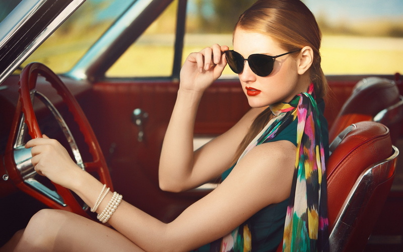 glasses, car, hairstyle, hair, sunglasses, young women, blonde, scarf, 1080P, fashion, beautiful woman, outdoors, beauty, red lipstick, side view, transportation