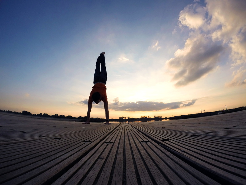 sporty, sunset, full length, rear view, orange, evening sky, learn handstand, beach, vitality, sunlight, sky, 2K, stand, exercising, brown, outdoors, lifestyles