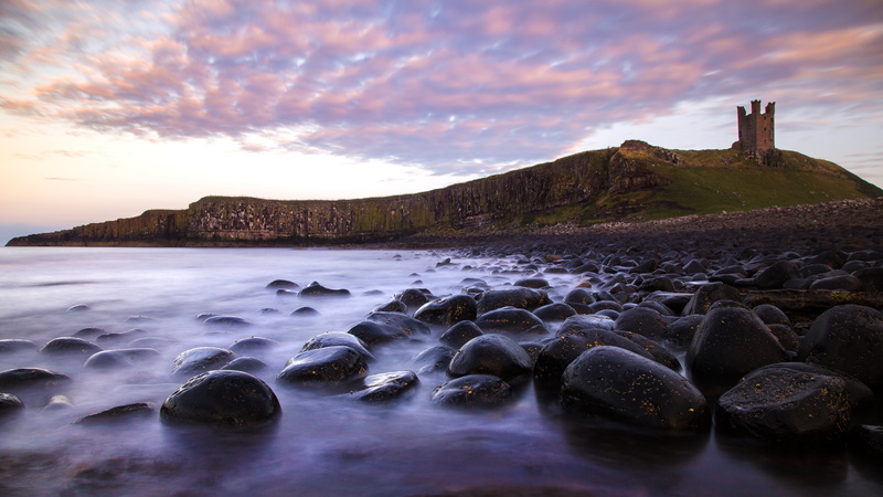 England, dusk, rock - Object, cloudscape, rocks, cliff, seascape, Northumberland, Dunstanburgh Castle, body, nature, coast, clouds, sunset, coastline, 5K
