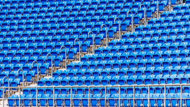 textured, stadium, seats, rows of seats, repetition, backgrounds, grandstand, blue, outdoors, high angle view, order, in a row, no people, chair, metal