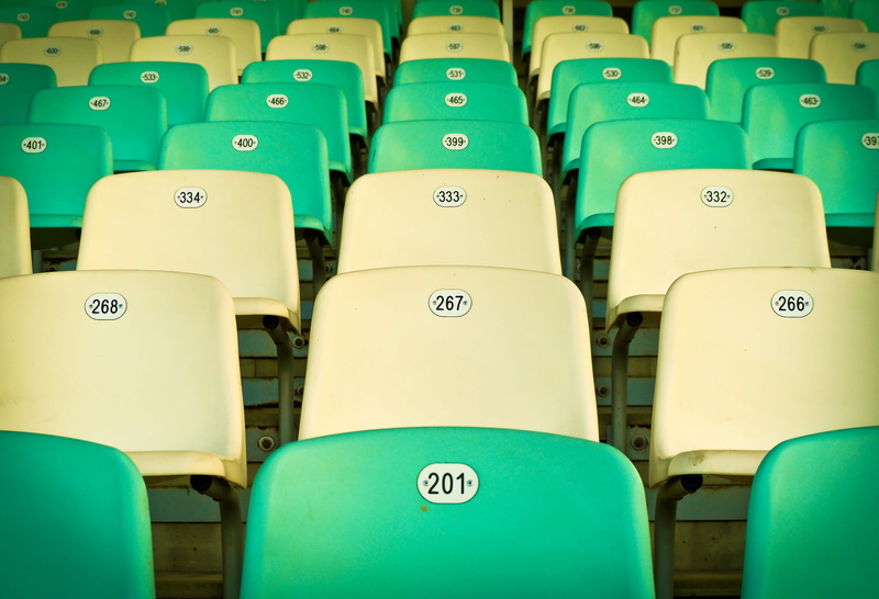 order, green color, viewers, indoors, plastic seat, close-up, sport, yellow, in a row, number, large group of objects, grandstand, backgrounds, chairs