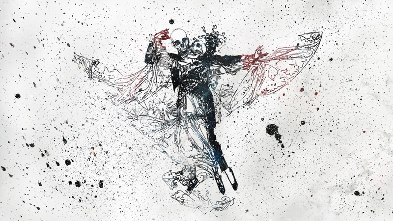 cut out, illustration, white background, indoors, skeleton, 1080P, backgrounds, painted, creativity, white, no people, two, skull, motion, blood, dance