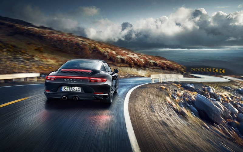 sunset, sea, hill, mountain, car, water, extreme Terrain, blue, people Traveling, rear view, porsche, landscape, motion, on the move, road, speed, multiple Lane Highway