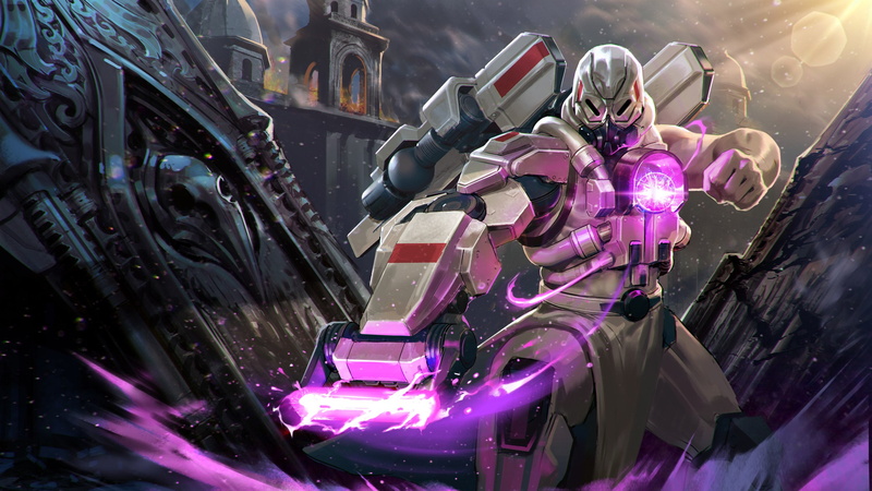 futuristic, 2K, people, pink color, high angle view, cyborg, Ardan, adult, illuminated, technology, industry, holding, security, OfficialArt, purple, Vainglory