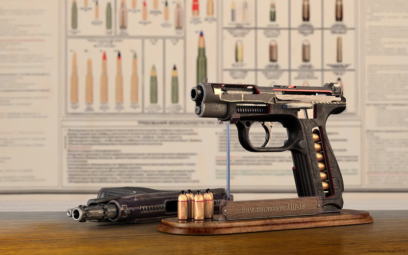GSH-18, Alexander Yartsev, indoors, gun, wood - material, book, rendering, no people, focus on foreground, semi, technology, weapons, machinery, close-up