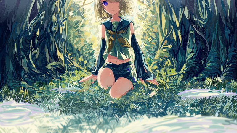 three quarter length, Vocaloid, adult, women, land, field, Kagamine Rin, lifestyles, selective focus, 2K, grass, green color, leisure activity, nature