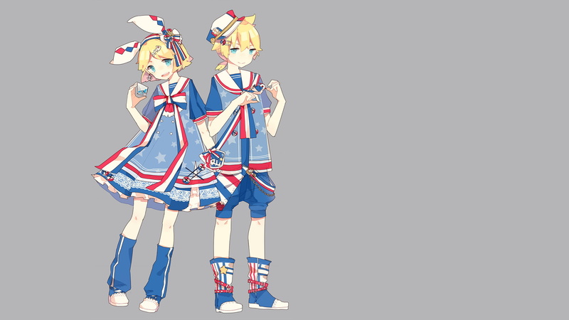 white background, anime girls, studio shot, adult, child, people, males, childhood, Vocaloid, front view, teenage boys, Kagamine Rin, Kagamine Len, two people