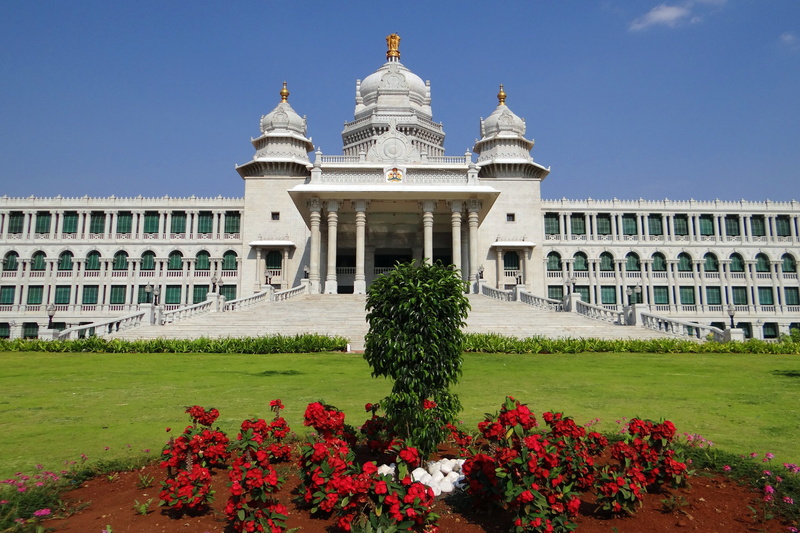 flowering plant, legislative building, government, flowerbed, india, no people, spire, the past, legislature, tree, suvarna vidhana soudha, facade, sky