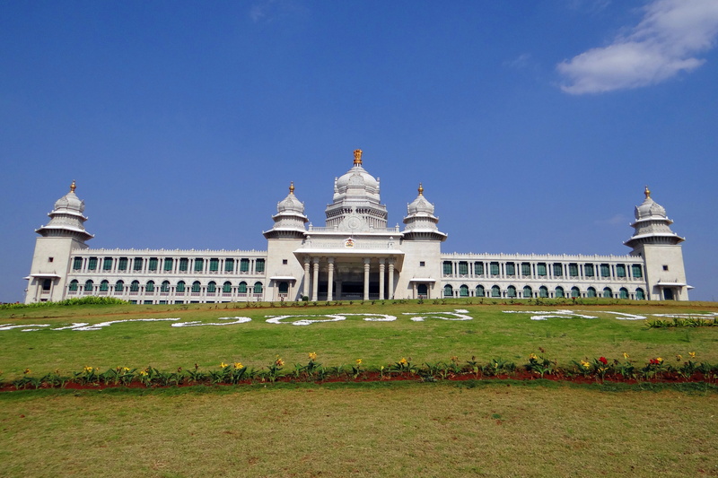 grass, plant, building exterior, city, government, karnataka, no people, sky, clear sky, legislative building, day, architectural column, india, history