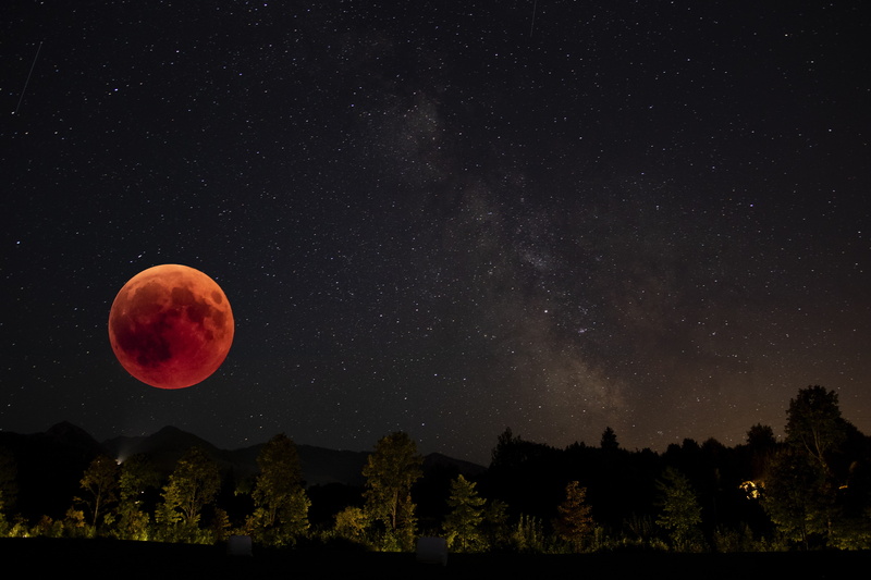 tranquil scene, scenics - nature, astronomy, outdoors, lighting, moon, cosmos, universe, nature, moonlight, red, infinity, star - space, lunar eclipse