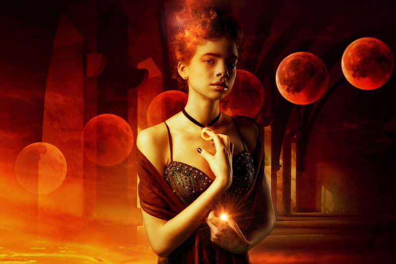 young adult, 4K, standing, fantasy, surreal, fashion, blood moon, lady, model, front view, red, beauty, female, three quarter length, woman, real people