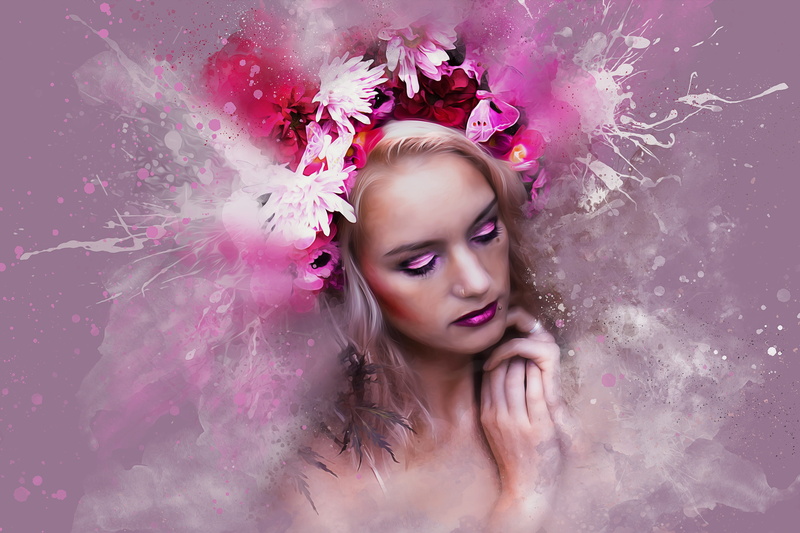 women, pink color, human face, 4K, young, body part, headshot, dark, beautiful woman, make-up, splashes, pierced, abstract, ink, fantasy, s, pink, eyes closed