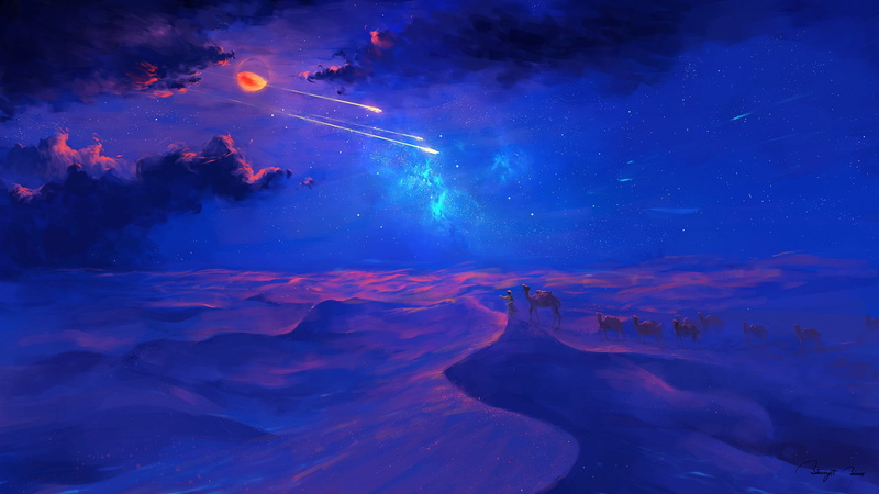 Moon, camels, shooting stars, stars, fantasy art, lunar eclipses, desert, clouds, digital art, 1080P, BisBiswas