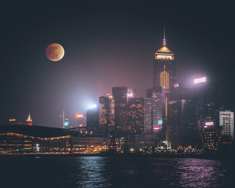 skyscraper, 2K, modern, outdoors, moon, waterfront, universe, landscape, financial district, moonlight, illuminated, travel destinations, building exterior