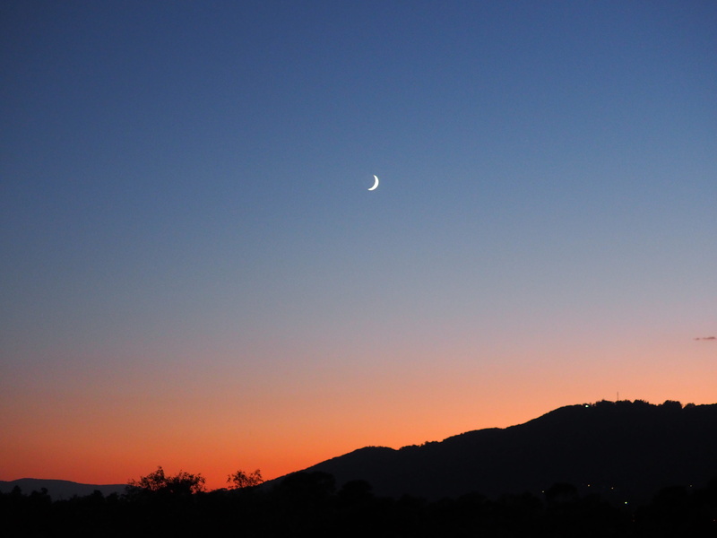 orange color, half moon, sunrise, beauty in nature, outdoors, crescent, silhouette, moon, dusk, morning, 4K, scenics - nature, copy space, mountain, sky